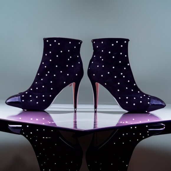 Chanel Black Suede Pearl Dot Ankle Booties EU 38 US 8 Patent Cap Toe - Picture 1 of 11